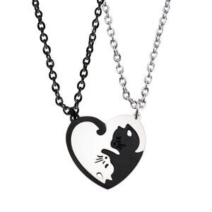 Best Friend Necklace Gift set matching BFF kitty Cat heart silver black 18"